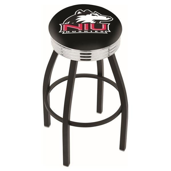University of Northern Illinois 30" Swivel Bar Stool - Black Wrinkle and Chrome Finish - Commercial Grade Marine Vinyl 