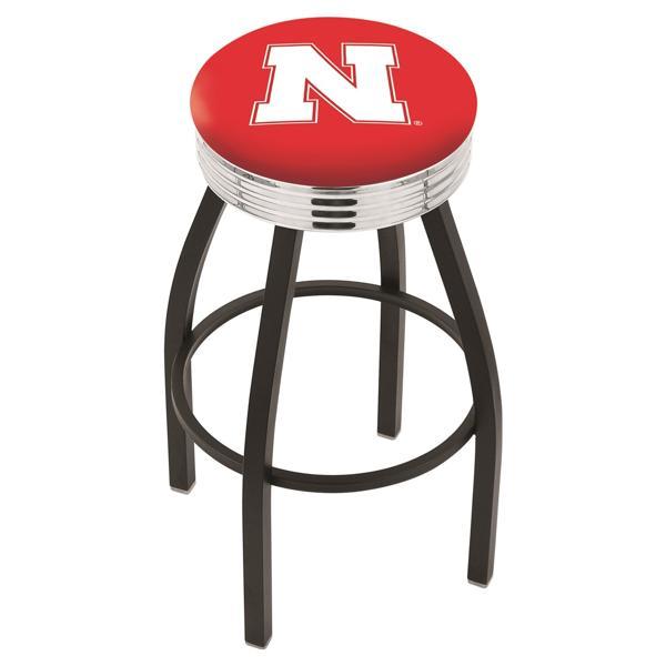 University of Nebraska 30" Swivel Bar Stool - Black Wrinkle and Chrome Finish - Commercial Grade Marine Vinyl 