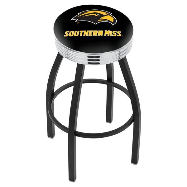 University of Southern Mississippi 30" Swivel Bar Stool - Black Wrinkle and Chrome Finish - Commercial Grade Marine Vinyl 