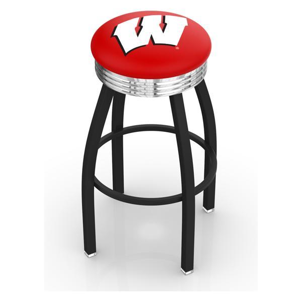 University of Wisconsin 30" Swivel Bar Stool - Black Wrinkle and Chrome Finish - Commercial Grade Marine Vinyl - Logo 3 
