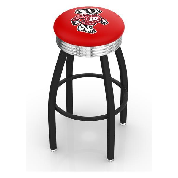 University of Wisconsin 30" Swivel Bar Stool - Black Wrinkle and Chrome Finish - Commercial Grade Marine Vinyl - Logo 2 
