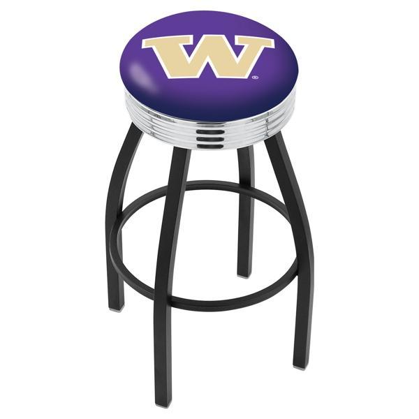 University of Washington 30" Swivel Bar Stool - Black Wrinkle and Chrome Finish - Commercial Grade Marine Vinyl 