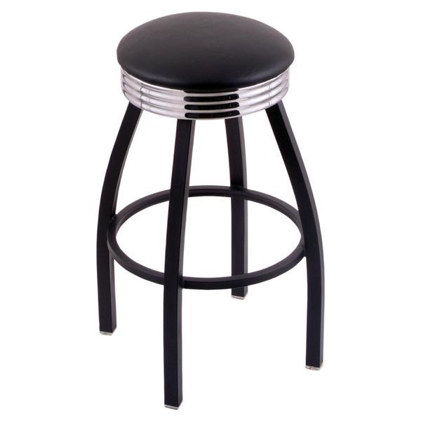Classic Series 25" Counter Stool - Black Vinyl Seat with Chrome Base - Black Wrinkle Finish Steel Frame 