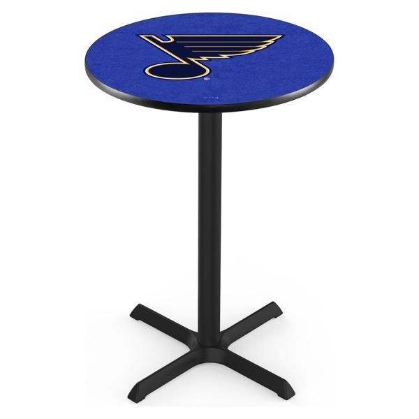 St Louis Blues Pub Table - X Shape Black Wrinkle Powder Coated Steel Base - Sublimated Laminate Round Top 