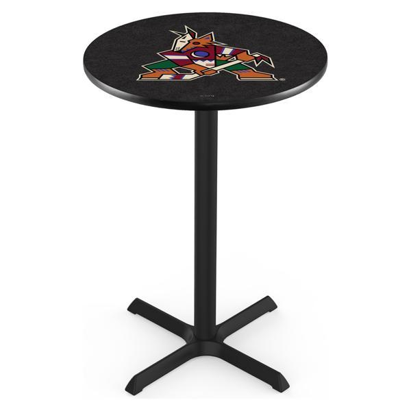 Arizona Coyotes Pub Table - X Shape Black Wrinkle Powder Coated Steel Base - Sublimated Laminate Round Top 