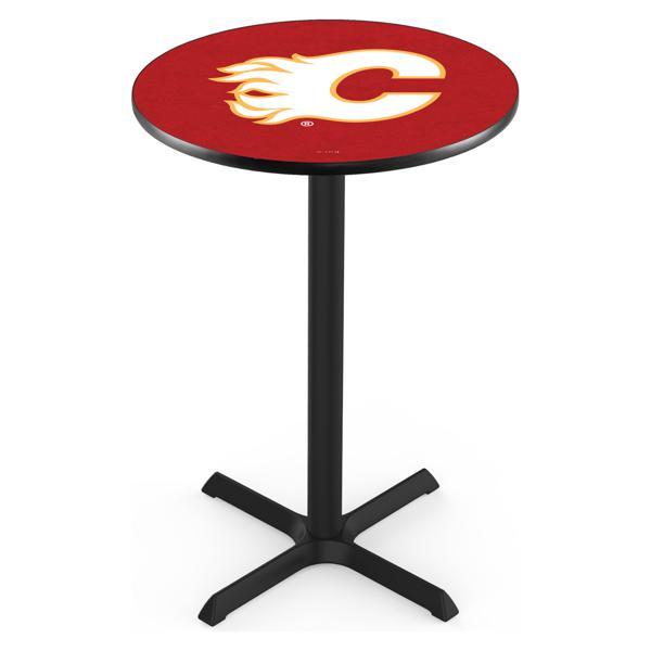 Calgary Flames Pub Table - X Shape Black Wrinkle Powder Coated Steel Base - Sublimated Laminate Round Top 