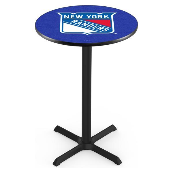 New York Rangers Pub Table - X Shape Black Wrinkle Powder Coated Steel Base - Sublimated Laminate Round Top 