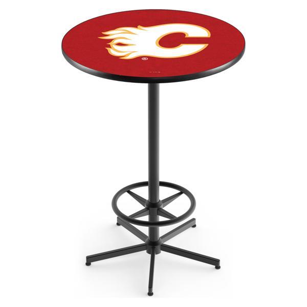 Calgary Flames Pub Table - Star Shape Black Wrinkle Powder Coated Steel Base - Sublimated Laminate Round Top 