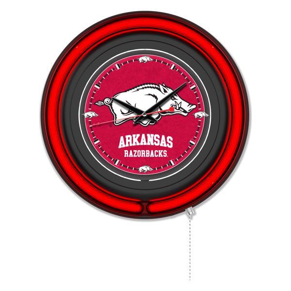 University of Arkansas 15" Neon Logo Wall Clock - Black Casing - Team Color Specific Neon Outer Ring 