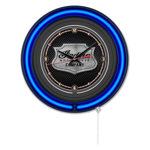 Indian Motorcycle Metal Shield-Blue 15" Neon Logo Wall Clock - Black Casing - Team Color Specific Neon Outer Ring 