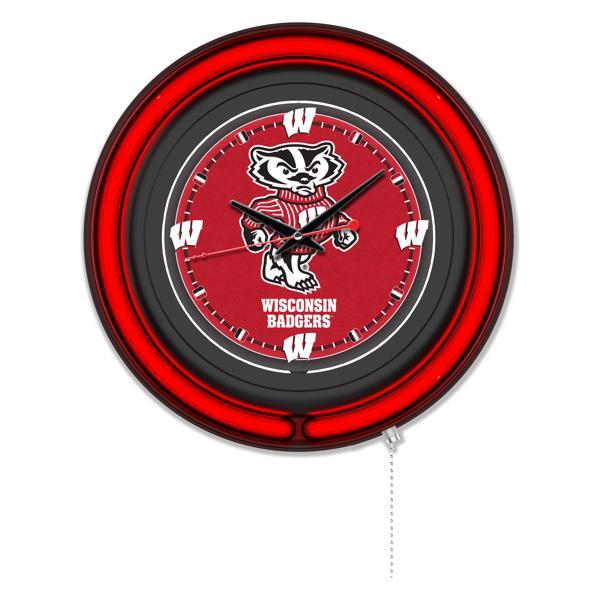 University of Wisconsin Badger 15" Neon Logo 2 Wall Clock - Black Casing - Team Color Specific Neon Outer Ring 