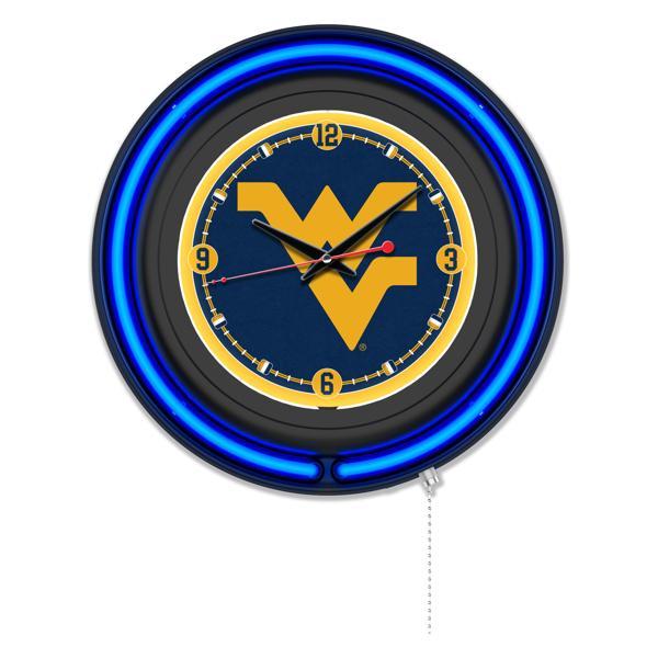 West Virginia University 15" Neon Logo Wall Clock - Black Casing - Team Color Specific Neon Outer Ring 