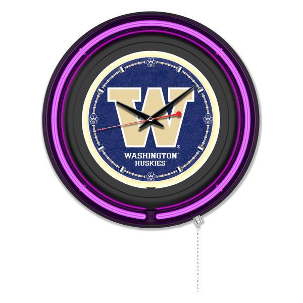 University of Washington 15" Neon Logo Wall Clock - Black Casing - Team Color Specific Neon Outer Ring 