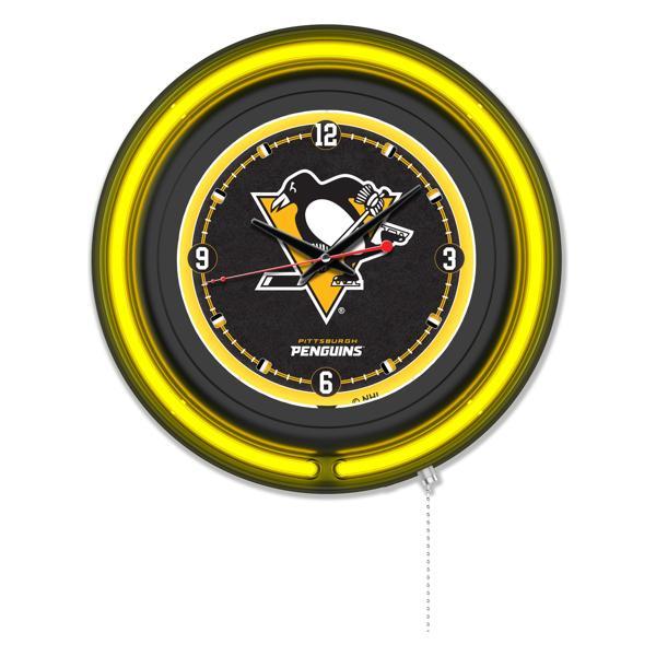 Pittsburgh Penguins 15" Neon Logo Wall Clock - Black Casing - Team Color Specific Neon Outer Ring 