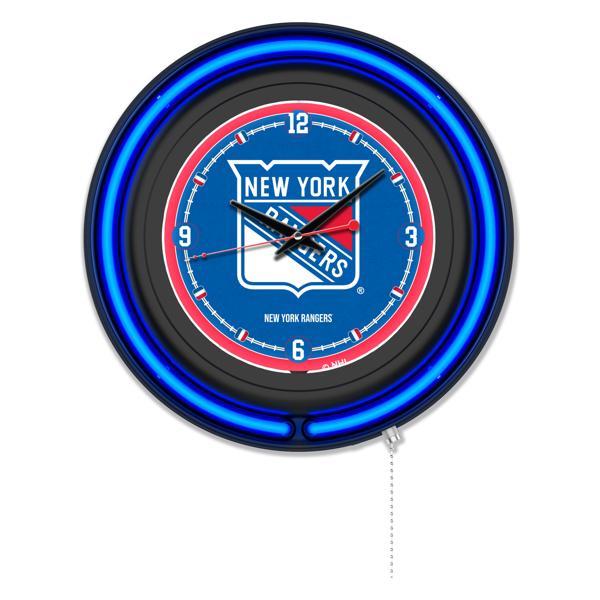 New York Rangers 15" Neon Logo Wall Clock - Black Casing - Team Color Specific Neon Outer Ring 