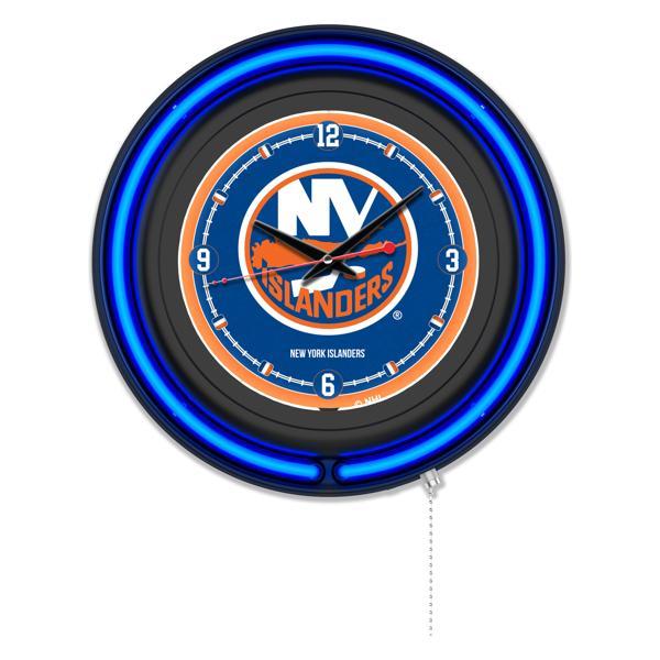 New York Islanders 15" Neon Logo Wall Clock - Black Casing - Team Color Specific Neon Outer Ring 