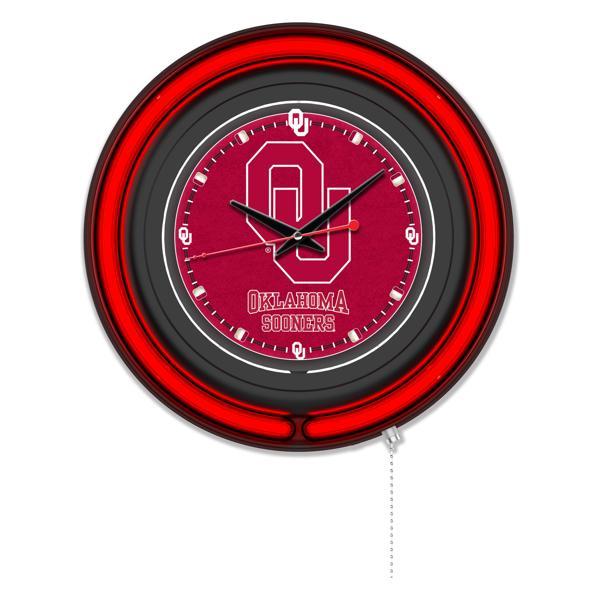 Oklahoma University 15" Neon Logo Wall Clock - Black Casing - Team Color Specific Neon Outer Ring 