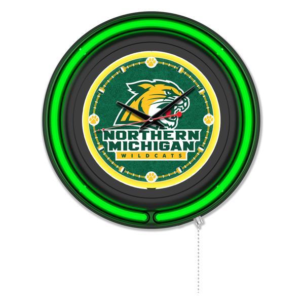 Northern Michigan University 15" Neon Logo Wall Clock - Black Casing - Team Color Specific Neon Outer Ring 