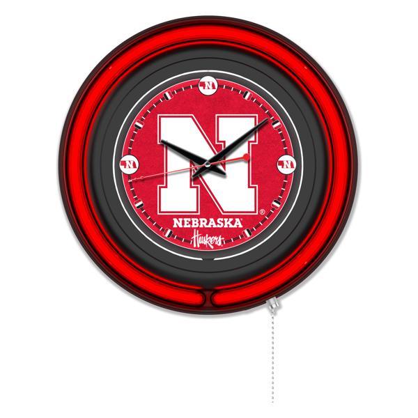 University of Nebraska 15" Neon Logo Wall Clock - Black Casing - Team Color Specific Neon Outer Ring 