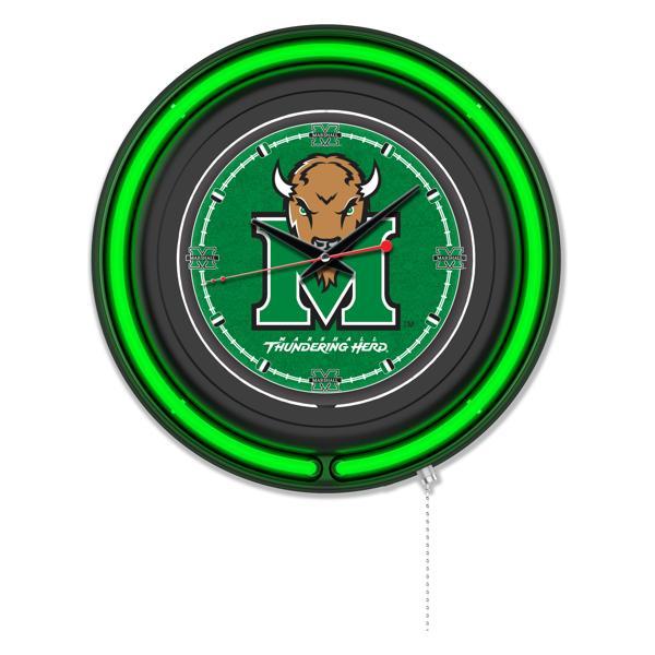 Marshall University 15" Neon Logo Wall Clock - Black Casing - Team Color Specific Neon Outer Ring 