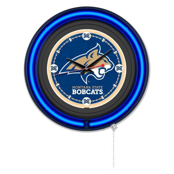 Montana State University 15" Neon Logo Wall Clock - Black Casing - Team Color Specific Neon Outer Ring 