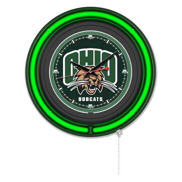 Ohio University 15" Neon Logo Wall Clock - Black Casing - Team Color Specific Neon Outer Ring 