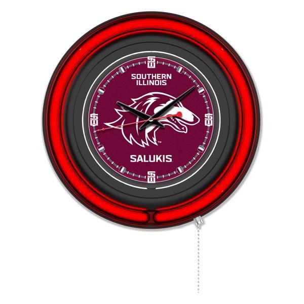 Southern Illinois University 15" Neon Logo Wall Clock - Black Casing - Team Color Specific Neon Outer Ring 