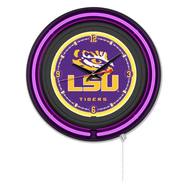 Louisiana State University 15" Neon Logo Wall Clock - Black Casing - Team Color Specific Neon Outer Ring 