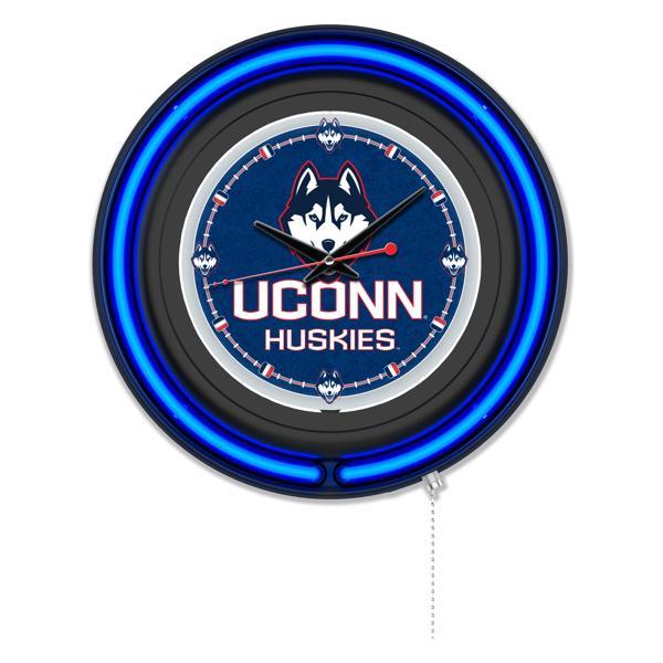 University of Connecticut 15" Neon Logo Wall Clock - Black Casing - Team Color Specific Neon Outer Ring 