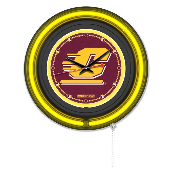 Central Michigan University 15" Neon Logo Wall Clock - Black Casing - Team Color Specific Neon Outer Ring 