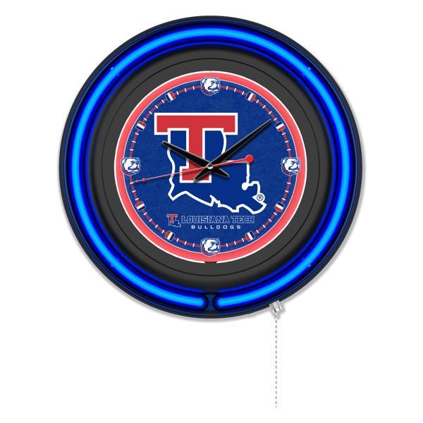 Louisiana Tech University 15" Neon Logo Wall Clock - Black Casing - Team Color Specific Neon Outer Ring 
