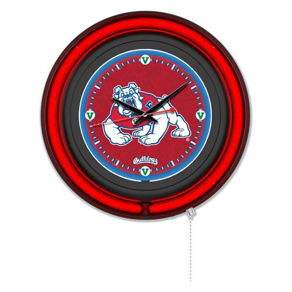Fresno State University 15" Neon Logo Wall Clock - Black Casing - Team Color Specific Neon Outer Ring 