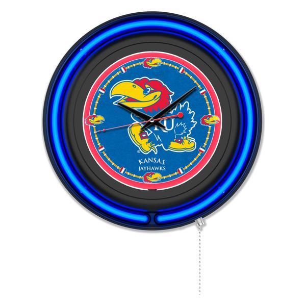 University of Kansas 15" Neon Logo Wall Clock - Black Casing - Team Color Specific Neon Outer Ring 