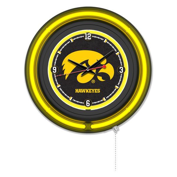 University of Iowa 15" Neon Logo Wall Clock - Black Casing - Team Color Specific Neon Outer Ring 