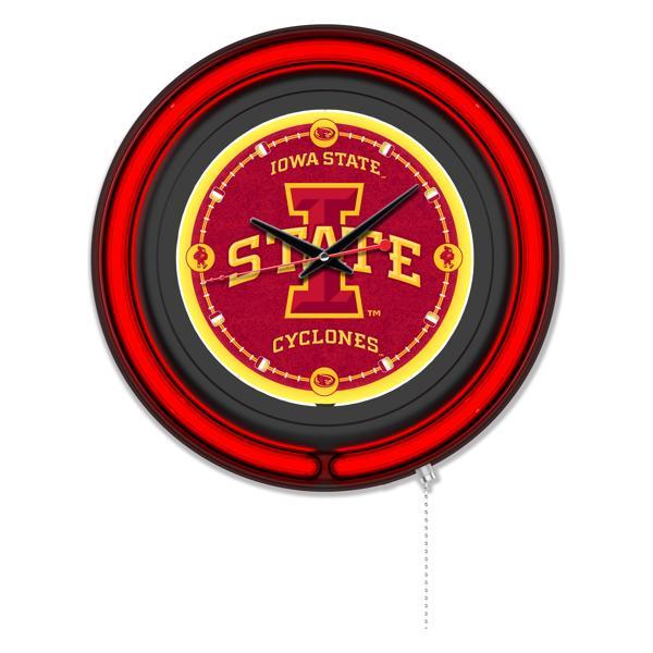 Iowa State University 15" Neon Logo Wall Clock - Black Casing - Team Color Specific Neon Outer Ring 