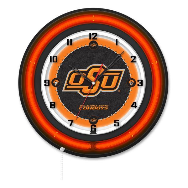 Oklahoma State University 19" Neon Logo Wall Clock - Black Casing - Team Color Specific Neon Outer Ring 