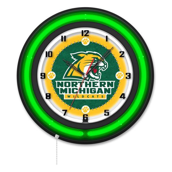 Northern Michigan University 19" Neon Logo Wall Clock - Black Casing - Team Color Specific Neon Outer Ring 