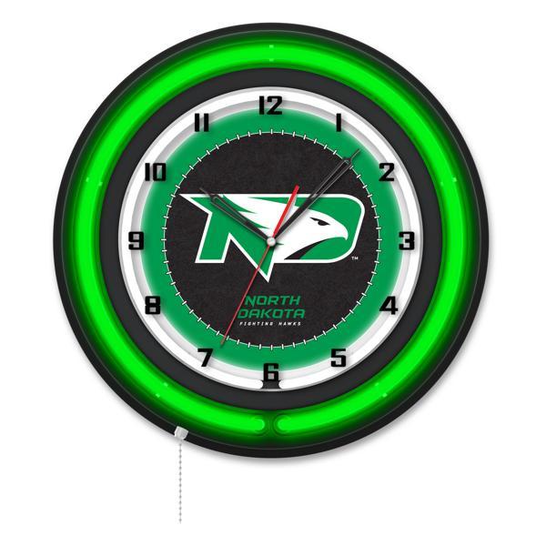 University of North Dakota 19" Neon Logo Wall Clock - Black Casing - Team Color Specific Neon Outer Ring 