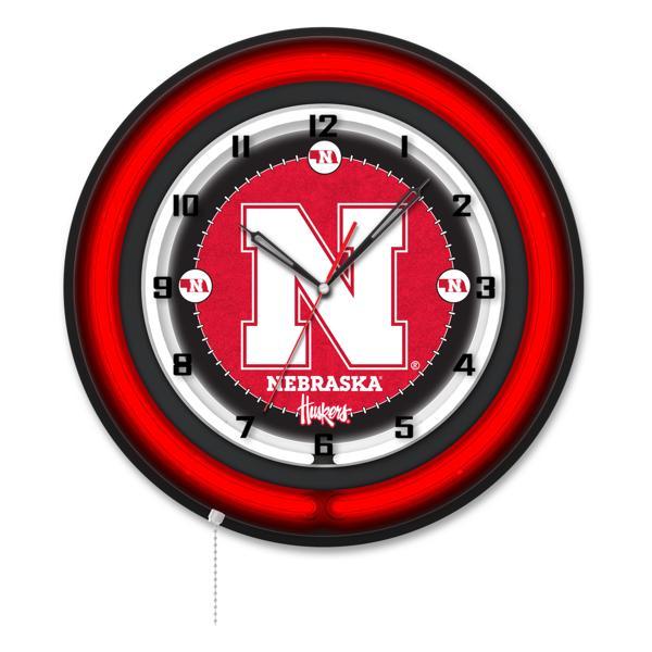 University of Nebraska 19" Neon Logo Wall Clock - Black Casing - Team Color Specific Neon Outer Ring 