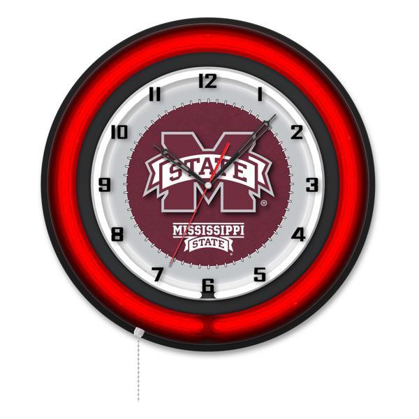 Mississippi State University 19" Neon Logo Wall Clock - Black Casing - Team Color Specific Neon Outer Ring 