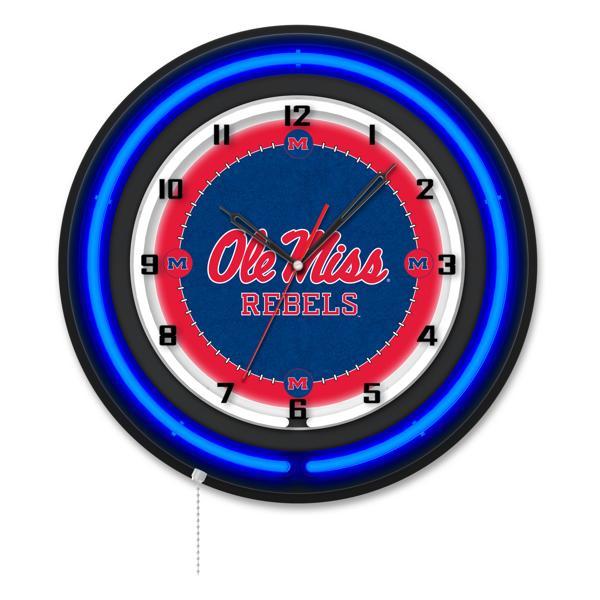 University of Mississippi 19" Neon Logo Wall Clock - Black Casing - Team Color Specific Neon Outer Ring 