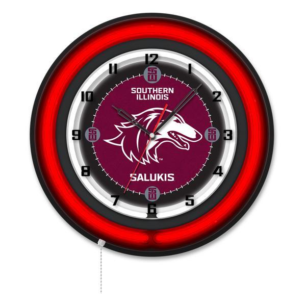 Southern Illinois University 19" Neon Logo Wall Clock - Black Casing - Team Color Specific Neon Outer Ring 