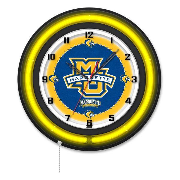 Marquette University 19" Neon Logo Wall Clock - Black Casing - Team Color Specific Neon Outer Ring 