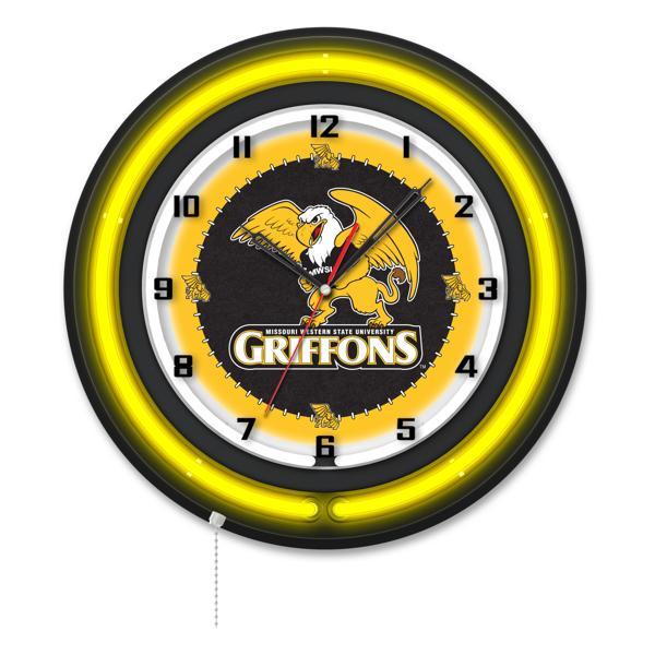 Missouri Western State University 19" Neon Logo Wall Clock - Black Casing - Team Color Specific Neon Outer Ring 