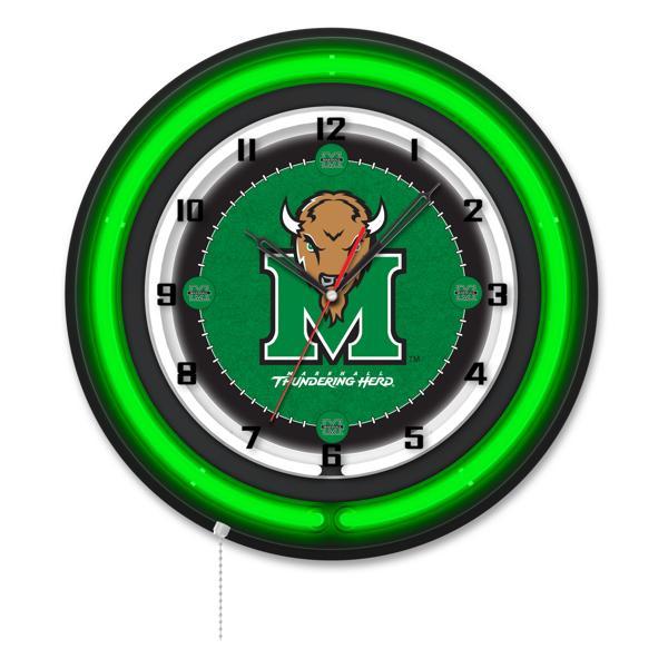 Marshall University 19" Neon Logo Wall Clock - Black Casing - Team Color Specific Neon Outer Ring 