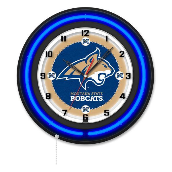 Montana State University 19" Neon Logo Wall Clock - Black Casing - Team Color Specific Neon Outer Ring 