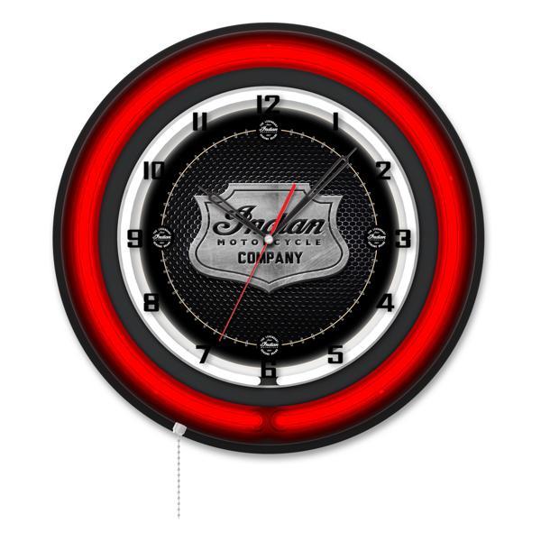 Indian Motorcycle Metal Shield 19" Neon Logo 1 Wall Clock - Black Casing - Team Color Specific Neon Outer Ring 