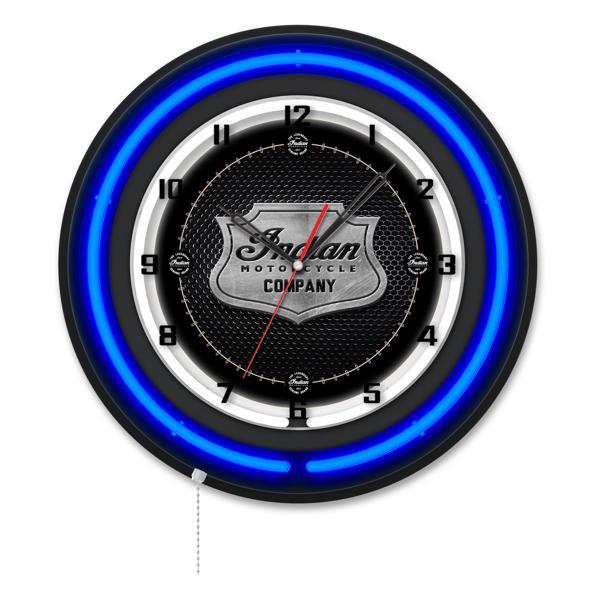 Indian Motorcycle Metal Shield 19" Neon Logo 1 Wall Clock - Black Casing - Team Color Specific Neon Outer Ring 