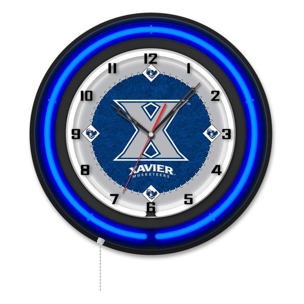 Xavier 19" Neon Logo Wall Clock - Black Casing - Team Color Specific Neon Outer Ring 