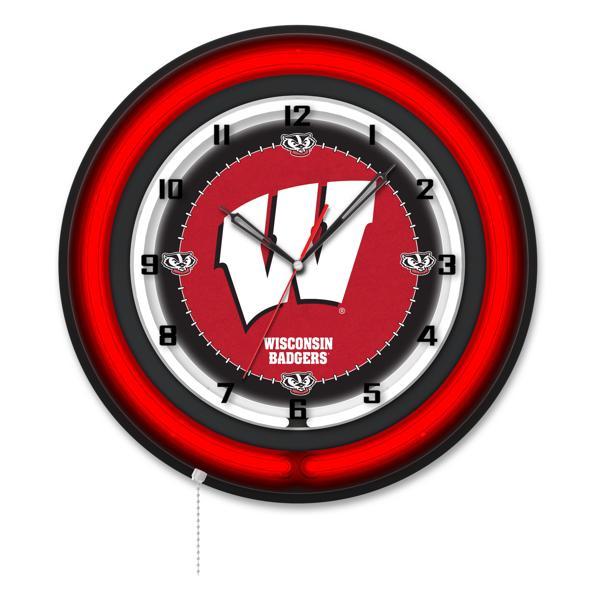University of Wisconsin W 19" Neon Logo 3 Wall Clock - Black Casing - Team Color Specific Neon Outer Ring 